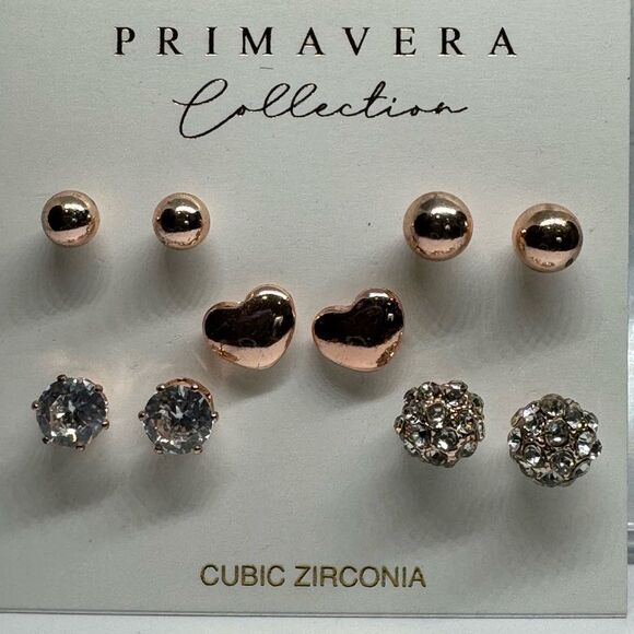 Primavera Collection 5 Pairs Rose Gold Tone Various Cubic Zirconia Post Earrings - Picture 4 of 8